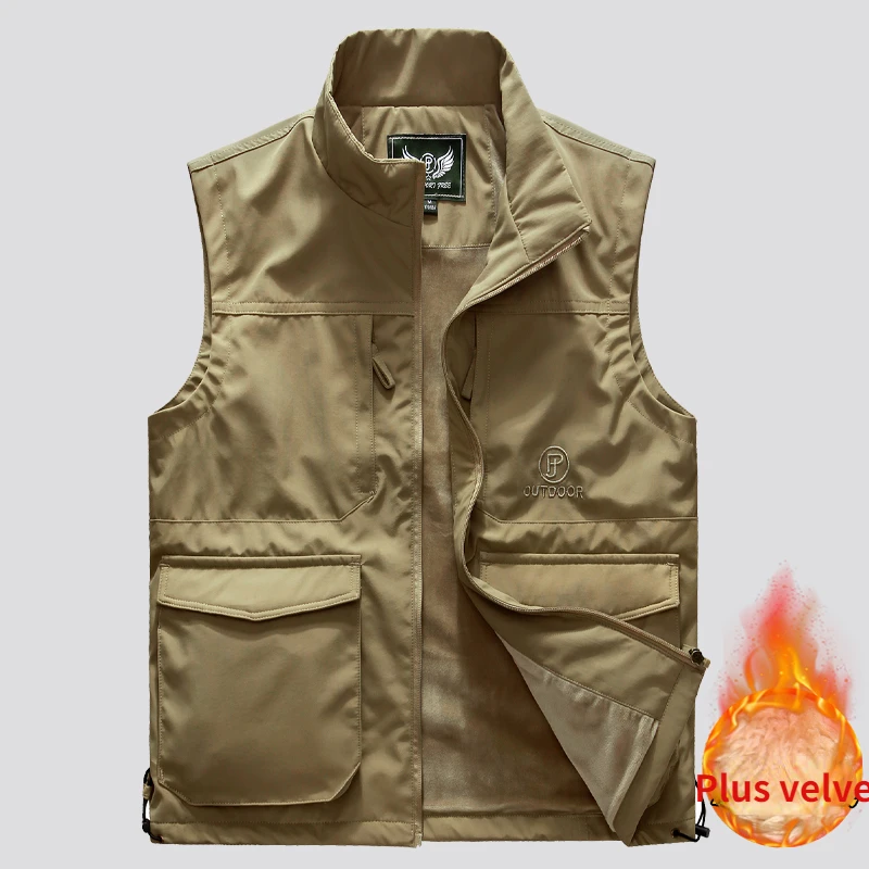 

Men's plus velvet multi-pocket tooling vest stand-up collar thickened outdoor sports jacket