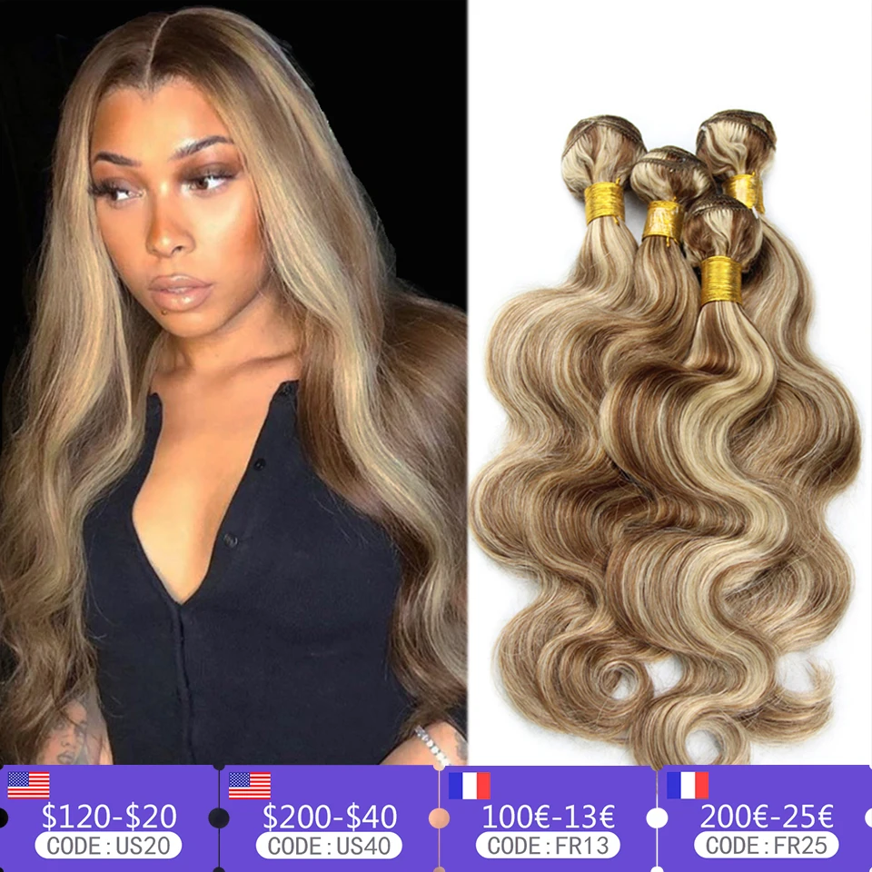 P4/613 Highlight Bundles No Closure Remy Body Wave Ash Blonde Colored Human Hair Weave With Highlights 3 Bundles