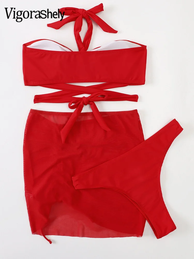 Сексуальный красный купальник Vigorashely с лямкой на шее комплект из 3 предметов