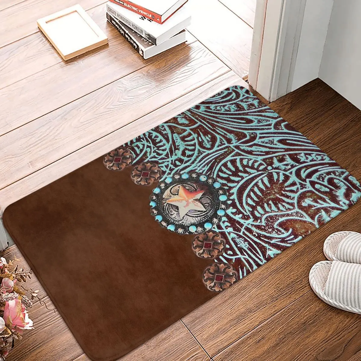 

Bohemian Mandala Persian Anti-Slip Doormat Bath Mat Primitive Cowboy Cowgirl Western Country Brown Turquoise Hallway Carpet Rug