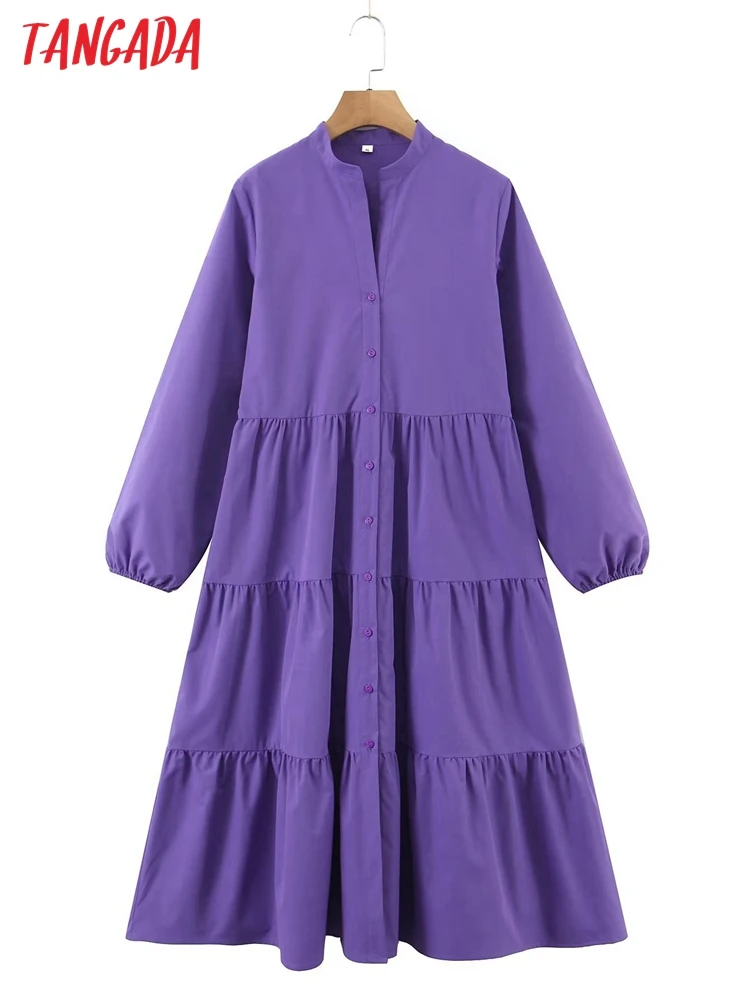 

Tangada 2022 Fashion Women Purple Pleated Dress Long Sleeve Office Ladies A-line Dress SL78