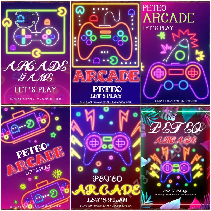 

Gaming Console Handle Neon Light Metal Signs Peteo Arcade for Game Room Home Decoration Wall Art Pictures Decor Tin Plaques