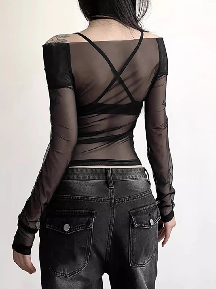 Футболка RORORIRI женская прозрачная сетчатая ретро черный топ с вырезом и V-образным