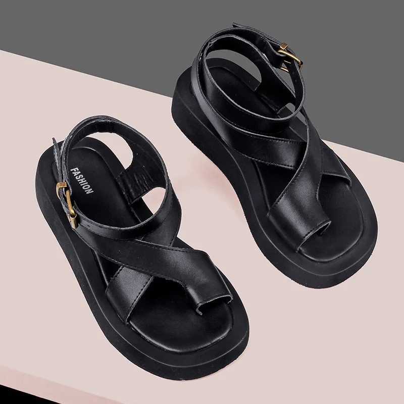 

BKQU Sandals Women Genuine Leather 2022 Summer New Clip Toe Sandals Ladies Roman Women Shoes Muffin Sandals platform sandals