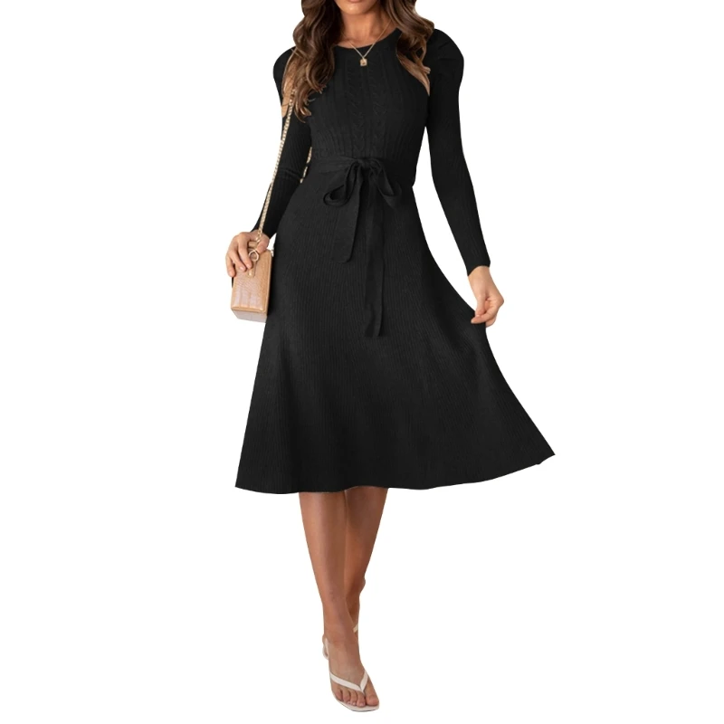 

Women Long Sleeve O-Neck Solid Color Casual Knit A-Line Sweater Dress with Belt