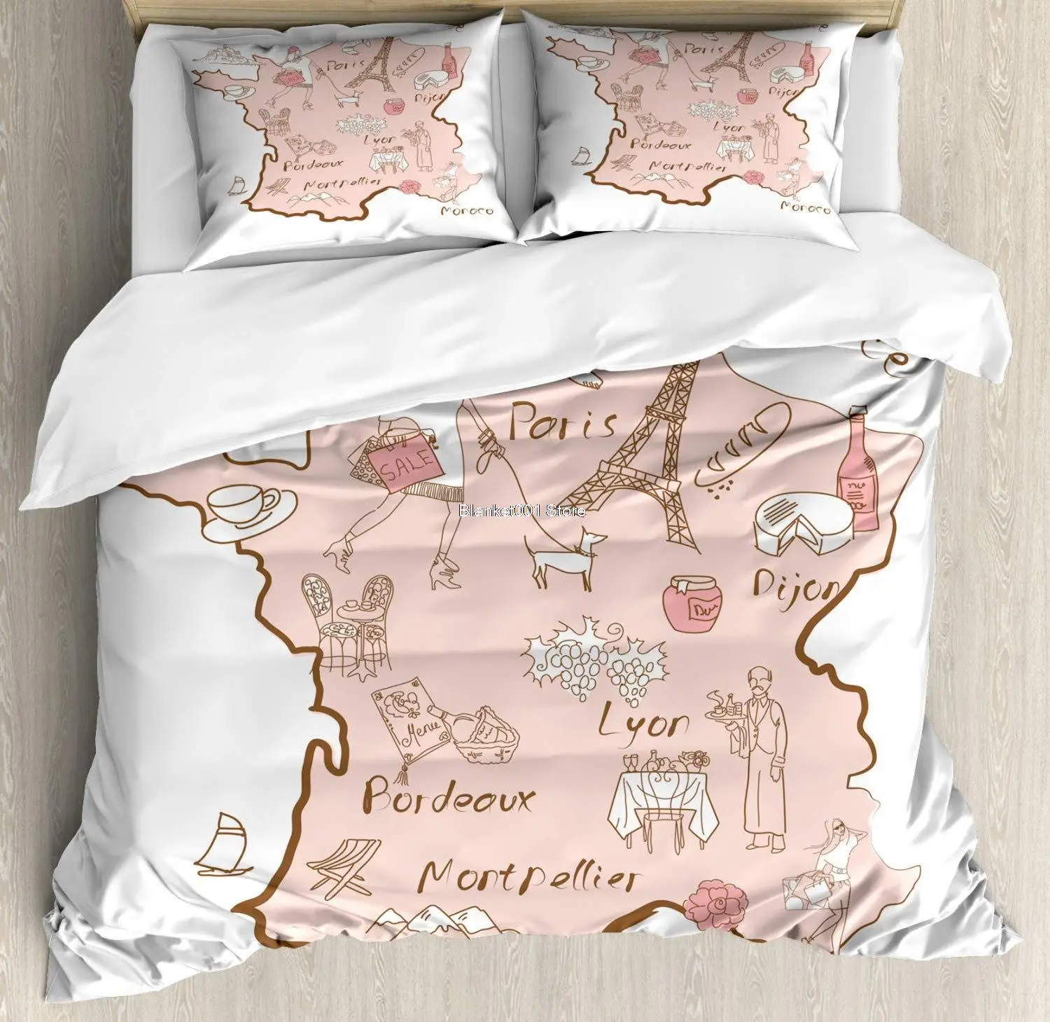 

Eiffel Tower Duvet Cover Set Bordeaux Lyon Monaco Paris Dijon Typographic Map Design Decorative 3 Piece Bedding Set