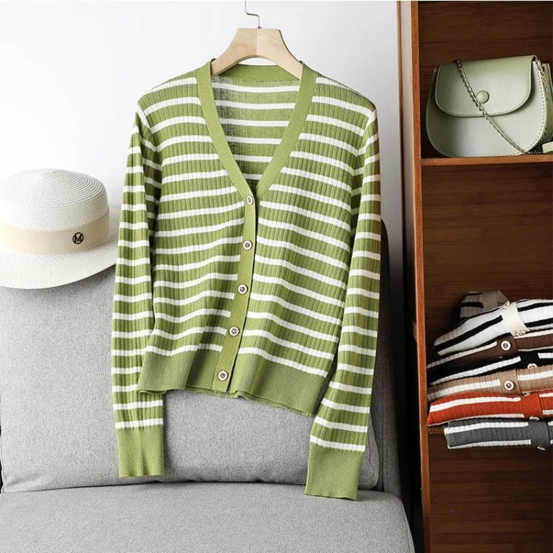 

Basic New Vintage Stripe Knitted Cardigan Women Short Elegant V-neck Sweater Coat Long Sleeve Loose Tops Autumn Cardigans