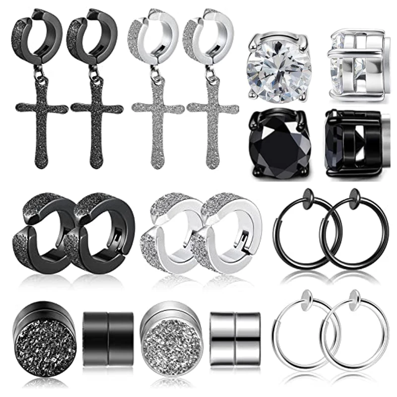 

10 Pairs Non-Perforated Magnetic Stud Earrings Stainless Steel Non-Perforated Cross Hanging Hinged Earring Clips Unisex