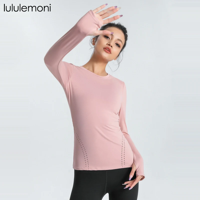 

lululemoni Yoga Sexy Slim Fitness Suit Women Long Sleeve Tight Elastic Running T-shirt Training Yoga Round Neck Top