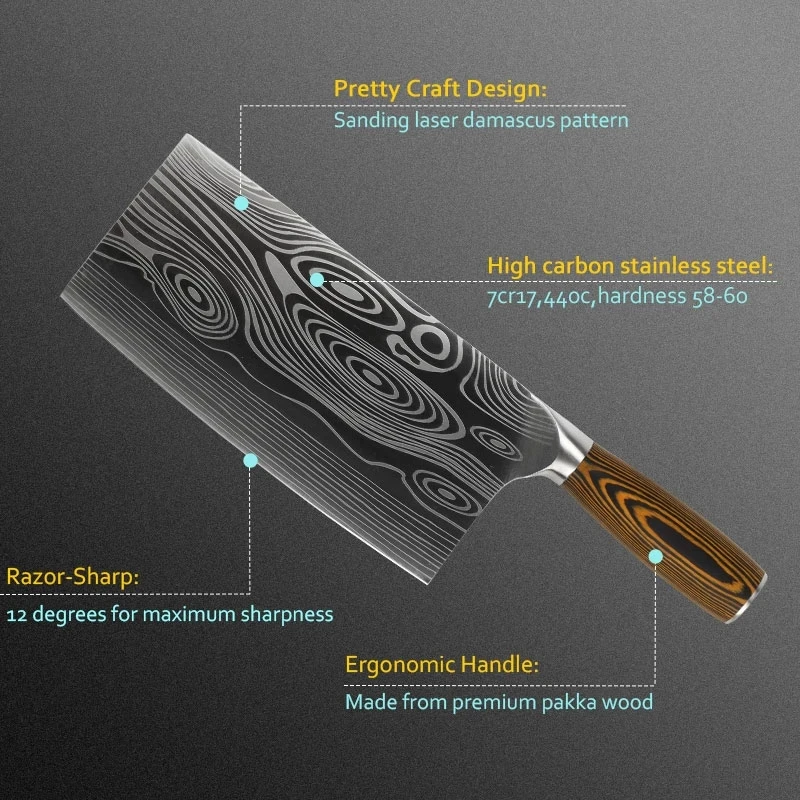 

Kitchen Knives 8 Inch Chinese Cleaver Knife 7CR17 Forged Stainless Steel Chopping Chef Knife With Gift Box Packaging