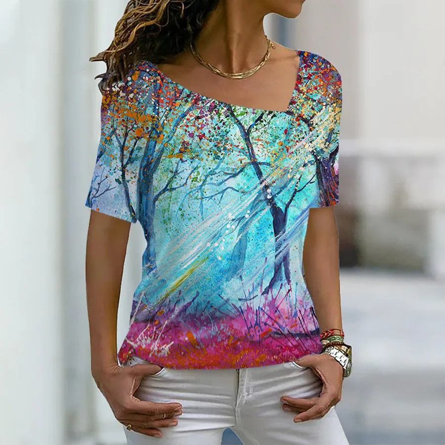 

2023 New Design Printing T-shirt Summer Ladies V-neck Fashion Tops Tees Women's Short Sleeve Casual Pullover Loose T-shirt 6XL