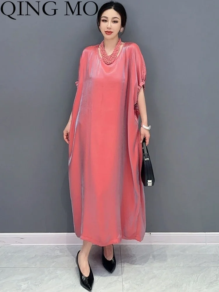 

QING MO 2023 Summer New Korean Casual Large Size Loose Pink Color Women Dress Fashion Bat Sleeve Dress ZXF2764