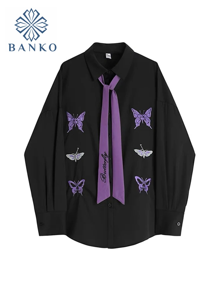 

Woman Butterfly Embroidery Harajuku 2022 Spring Shirts Casual Polo Long Sleeve Button Tops Black All-Match Baggy Clothes Mujer