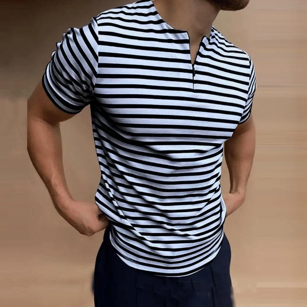 

Stripe Printed Round Neck Men T-shirt All Match Short Sleeve Wear-resistant Men Top Trendy Breathable Zipper Decoration Shirt