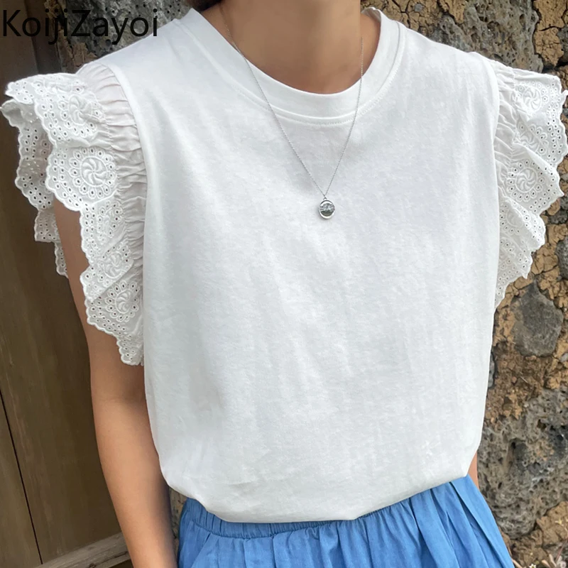 

Koijizayoi Lace Women White Tshirt Flying Sleeves O Neck Office Lady Basic Loose T-shirt Casual Loose Chic Tees Tops Dropship