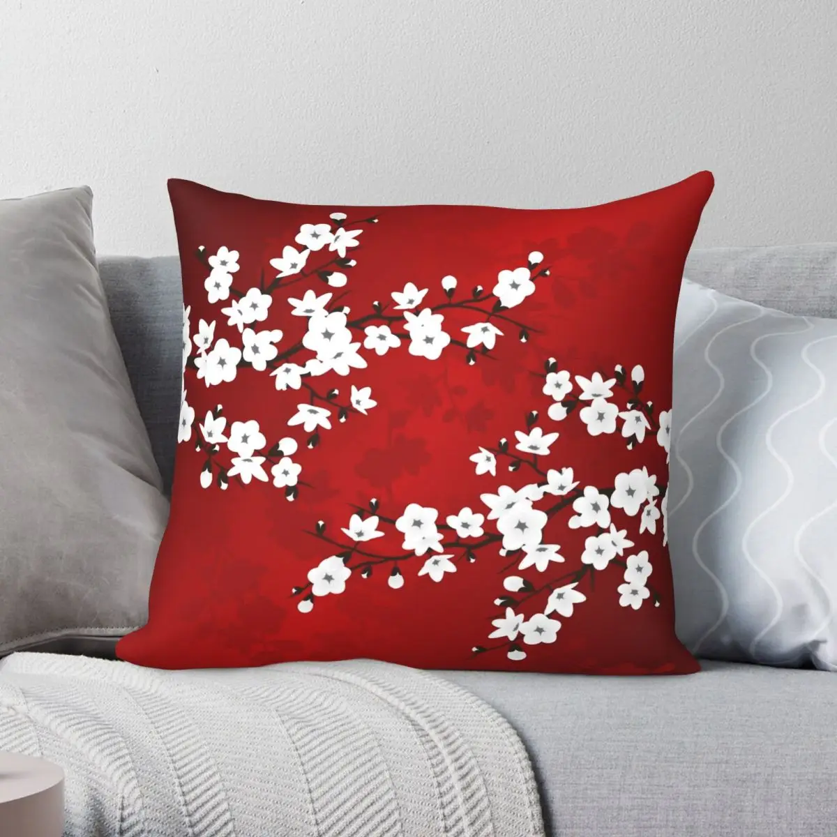 Cherry Blossom Red White Asia Floral Pillowcase Polyester Linen Velvet Pattern Zip Decor Pillow Case Car Cushion Cover