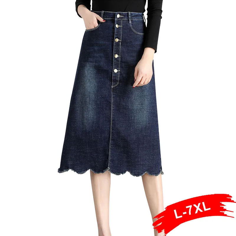 

Aesthetic Button Up Scallop Trim Calf Length Jeans Skirt 5Xl Spring Summer A-Line Midi Long Denim Skirts Maxi Maxi Saia Feminina