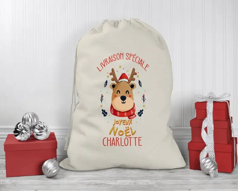 

Personalized Christmas bag, customizable gift hotte, Christmas reindeer gift delivery