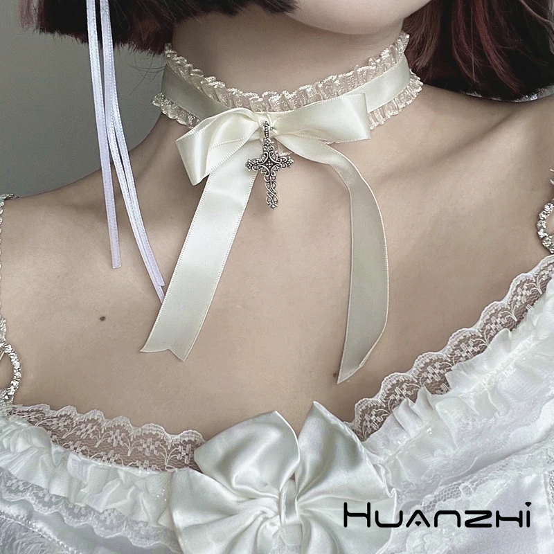 HUANZHI Black White Lace Necklace Ribbon Bow Gothic Cross Pendant Collar For Women Girls Sweet Lolita Jewelry 2022 New Choker