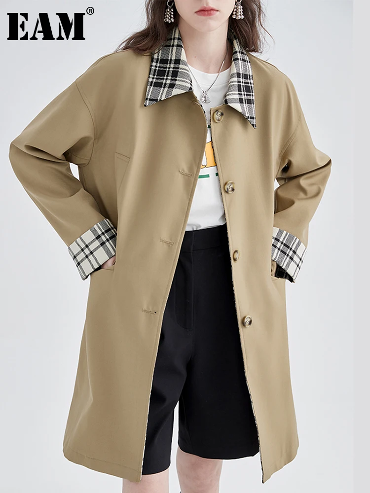 

[EAM] Women Khaki Oversize Plaid Trench New Lapel Long Sleeve Loose Fit Windbreaker Fashion Tide Spring Autumn 2022 1DE6192