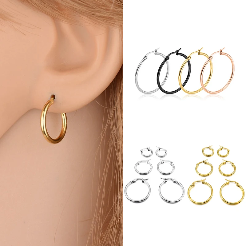 

Женские серьги-кольца из нержавеющей стали, простые круглые украшения в подарок для девушек и женщин, 1 пара, 15 мм, 20 мм, 25 мм