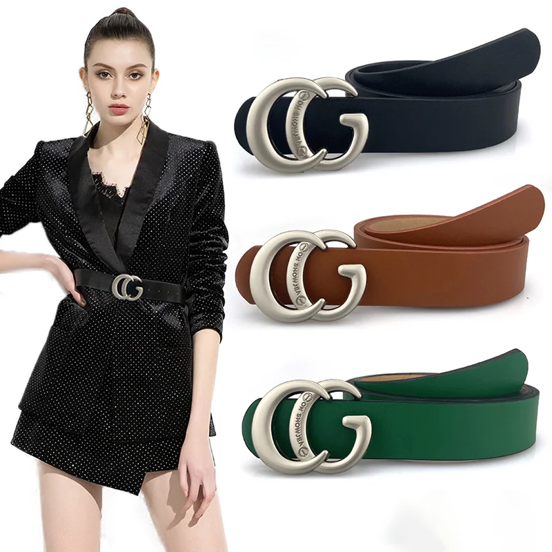 

Designer Belts For Women High Quality Luxury Brand Silver G Buckle Black Green Pu Leather Belt Ladies Jeans