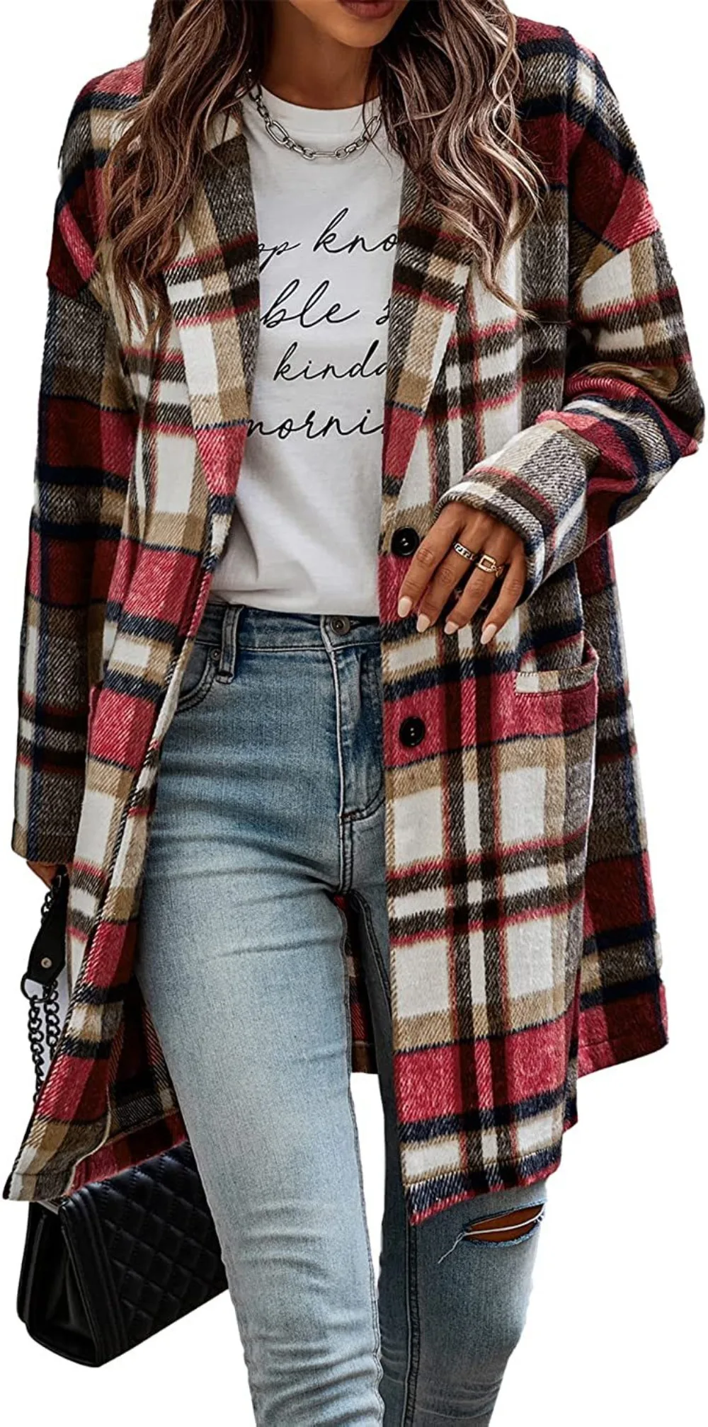 

Women's Casual Plaid Wool Blend Shacket Button Shirt Long Jacket Coat