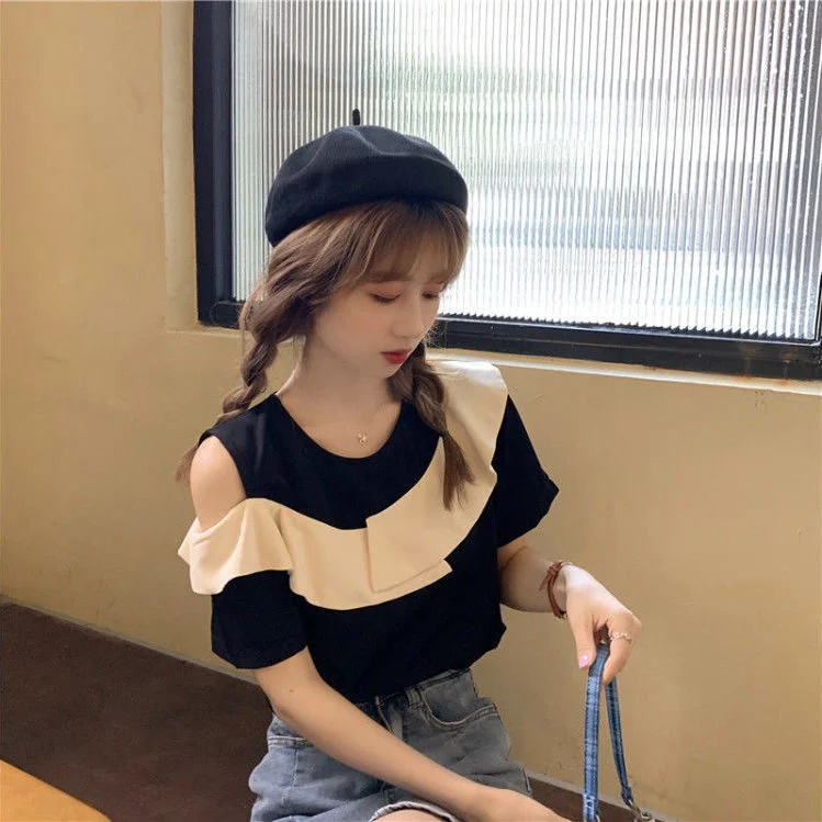 

Ruffle Edge T-shirt Off Shoulder Short Sleeve Tops Women's New Style Temperament Shirt French Small Crowd Design Sense Fashion