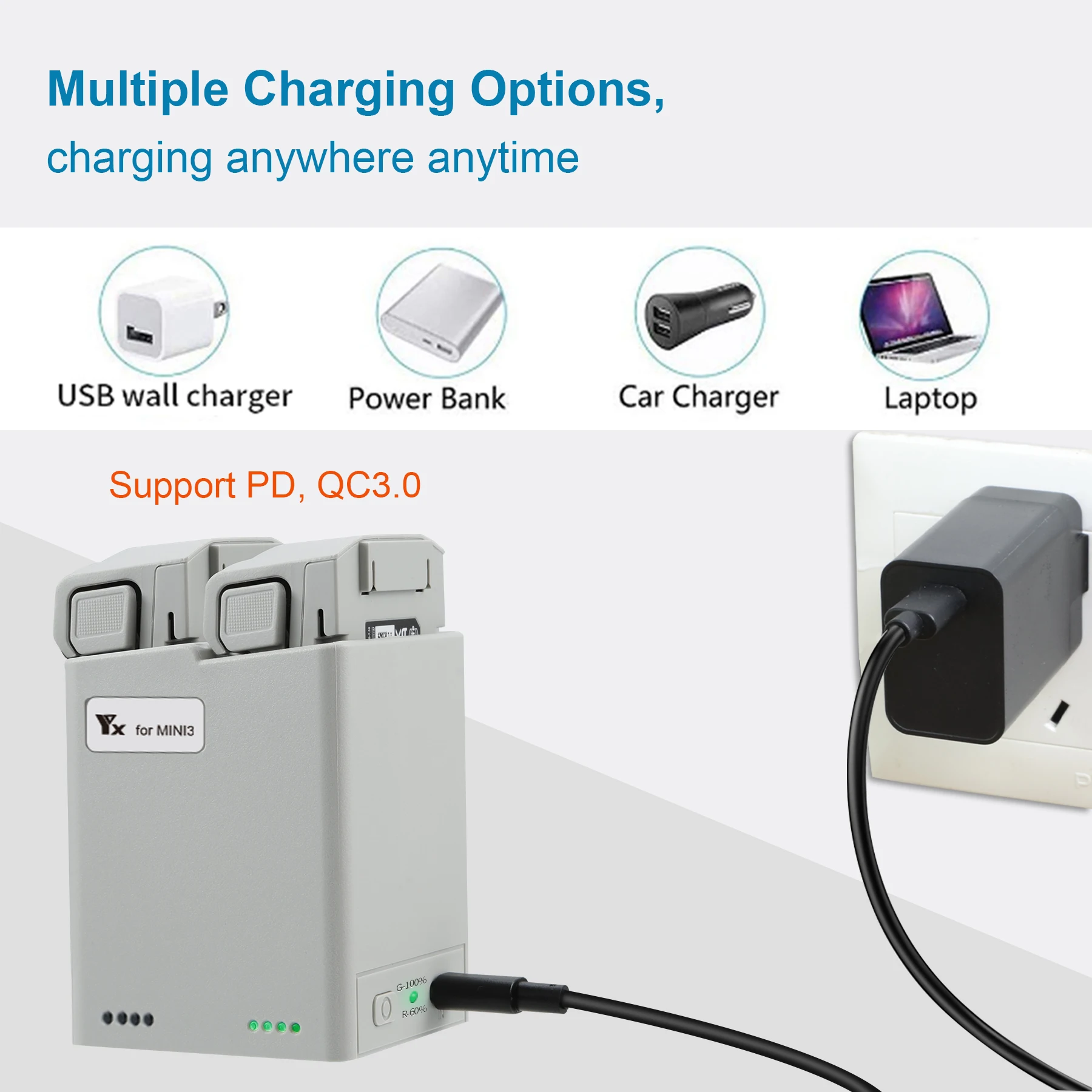 

For DJI MINI 3 Pro Charger 2-way Charging Housekeeper PD QC3.0 Fast Charge Butler USB Chargers