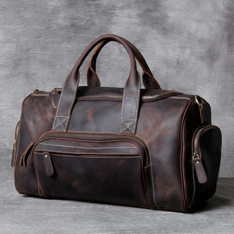Vintage genuine leather men's travel bag high quality crazy horse cowdhie large capacity women's handbag duffle luggage bag