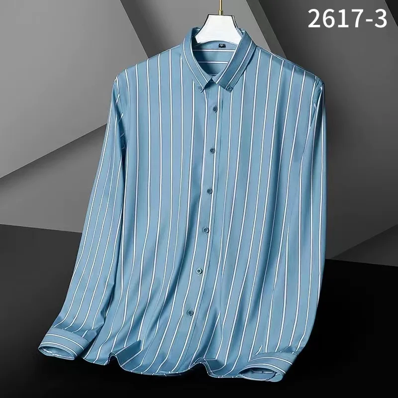 Spring Striped Shirt Men's Long Sleeve Elastic Slim Fitting Business Light Luxury Men's Shirts