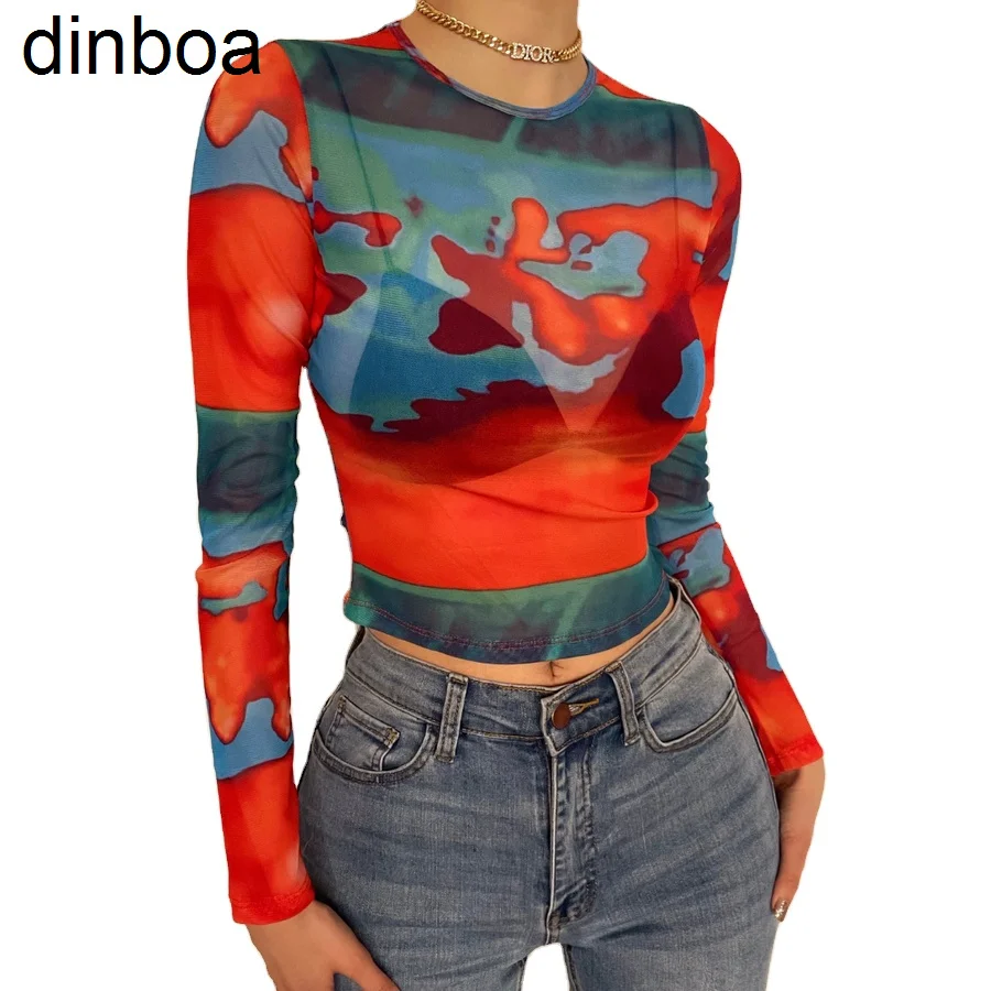 

Летние женские прозрачные футболки Dinboa с длинным рукавом и круглым вырезом, сетчатые укороченные топы с принтом из сплава