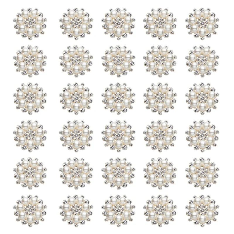 

30Pcs Faux Pearl Rhinestone Flower Buttons Embellishments Craft Rhinestone Flatback Button For Wedding Party Decoration