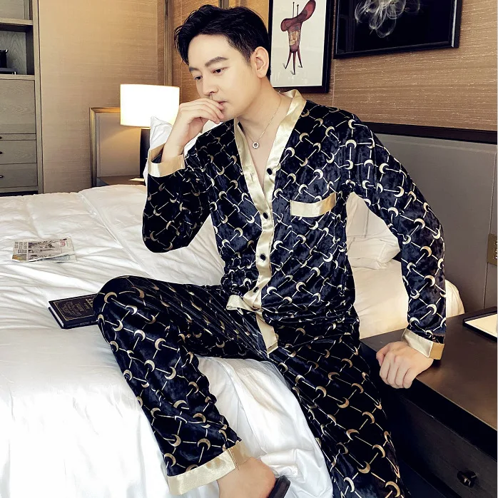High quality lovers pajamas lady's suit velvet pajamas moon printed leisure household to take men's luxury