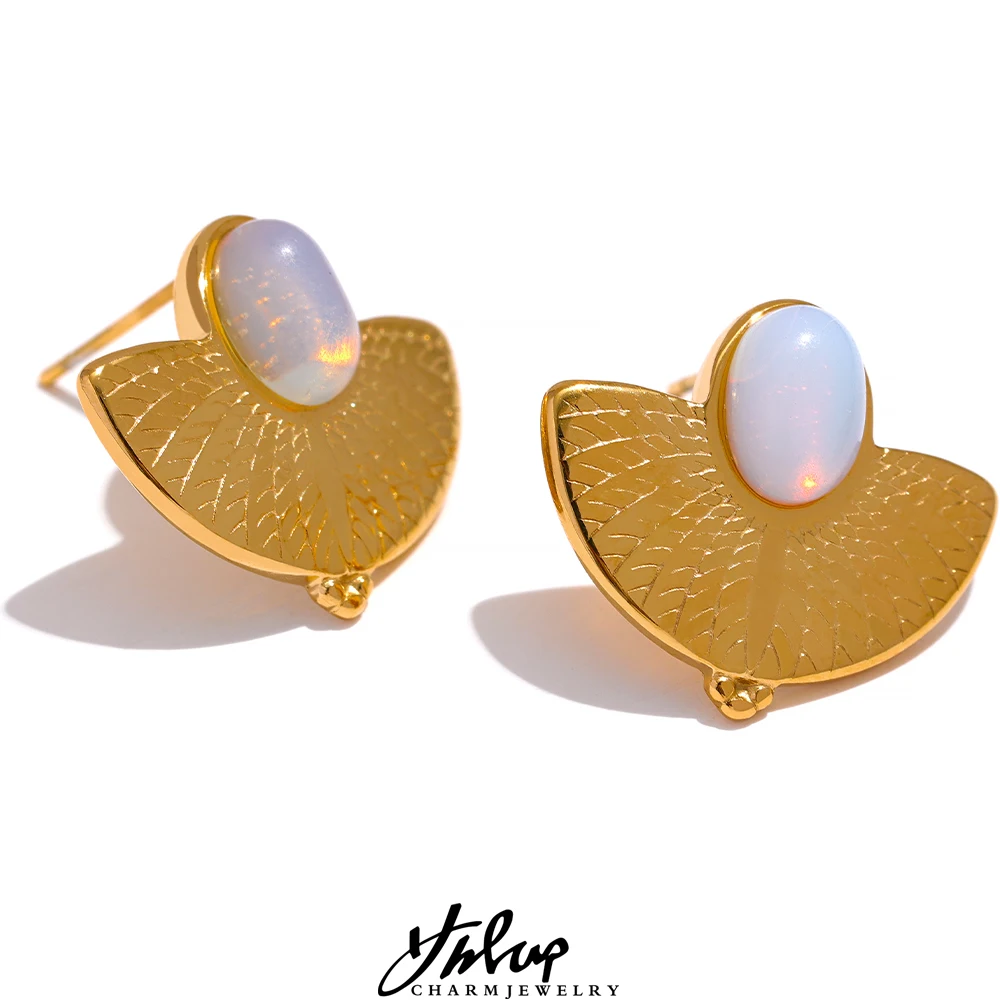 

Yhpup Stainless Steel Opal Stone Fan Stud Earrings 14k Gold Plated Metal Fashion Trendy Charm Chic France Jewelry for Women