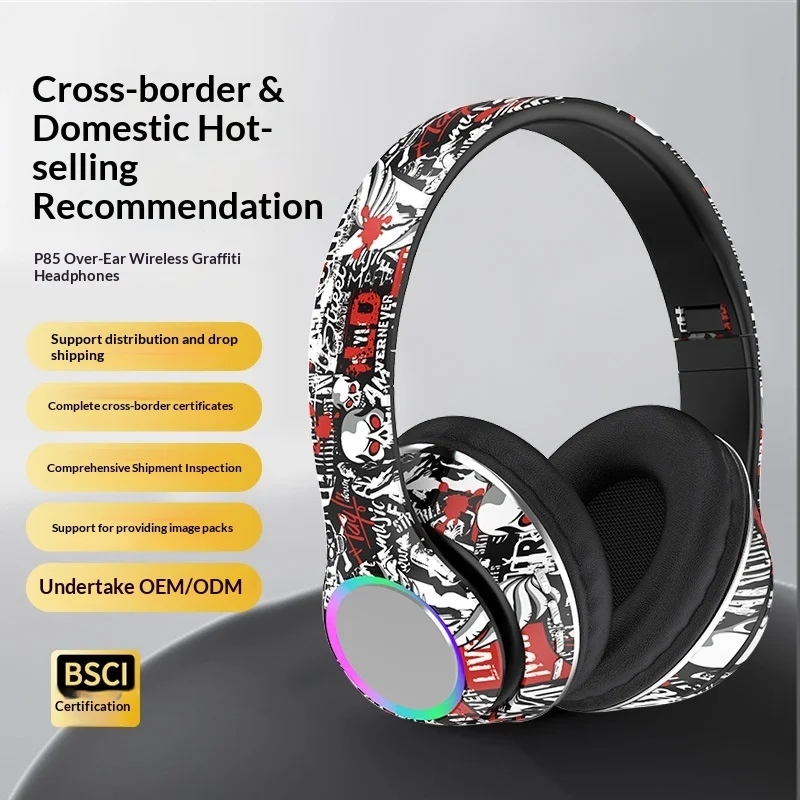 Фото Беспроводные наушники Fmouse Graffiti с Bluetooth 5.4, глубокой RGB-подсветкой, мягкими амбушюрами, совместимые с мобильными телефонами, для любителей музыки №1