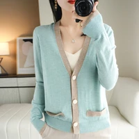 spring and autumn new womens worsted wool knitted cardigan v neck stitching loose casual buttons korean fashion chic small coat