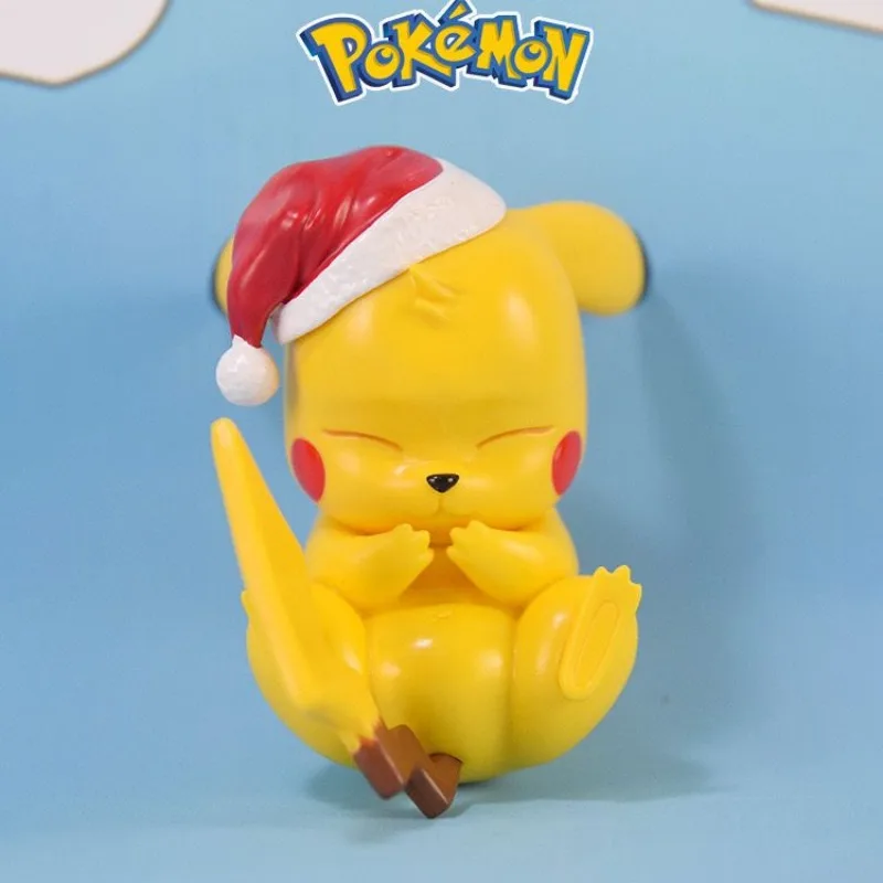 

7cm Pokemon Christmas Hat Figure Pikachu Sleep Cute Desktop Car Decoration Collection Anime Peripheral Childrens Toys Gift