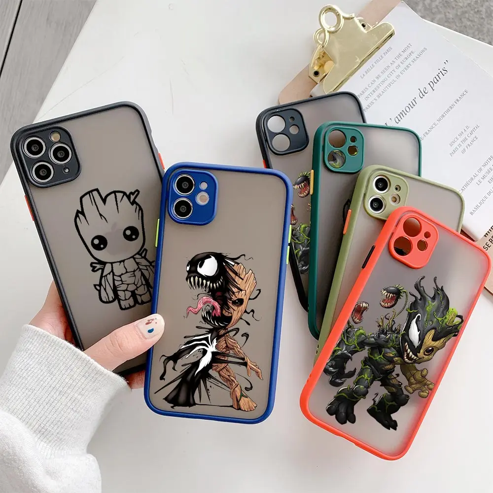 

Marvel Matte Case For iPhone13 14 Pro Max 11 12 XR XS X 6 7 8 Plus Mini Luxury Silicone Clear Cover Baby Groot Venom Capa Fundas