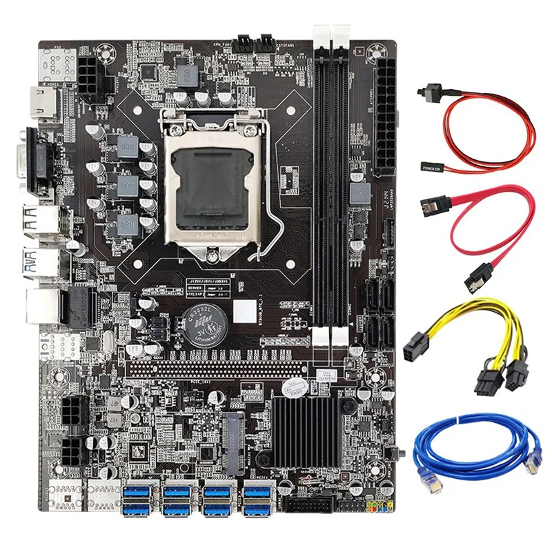 B75 BTC Mining Motherboard LGA1155 8XPCIE USB Support Dual DDR3 SATA Cable+6Pin To Dual 8Pin Cable+RJ45 Network Cable