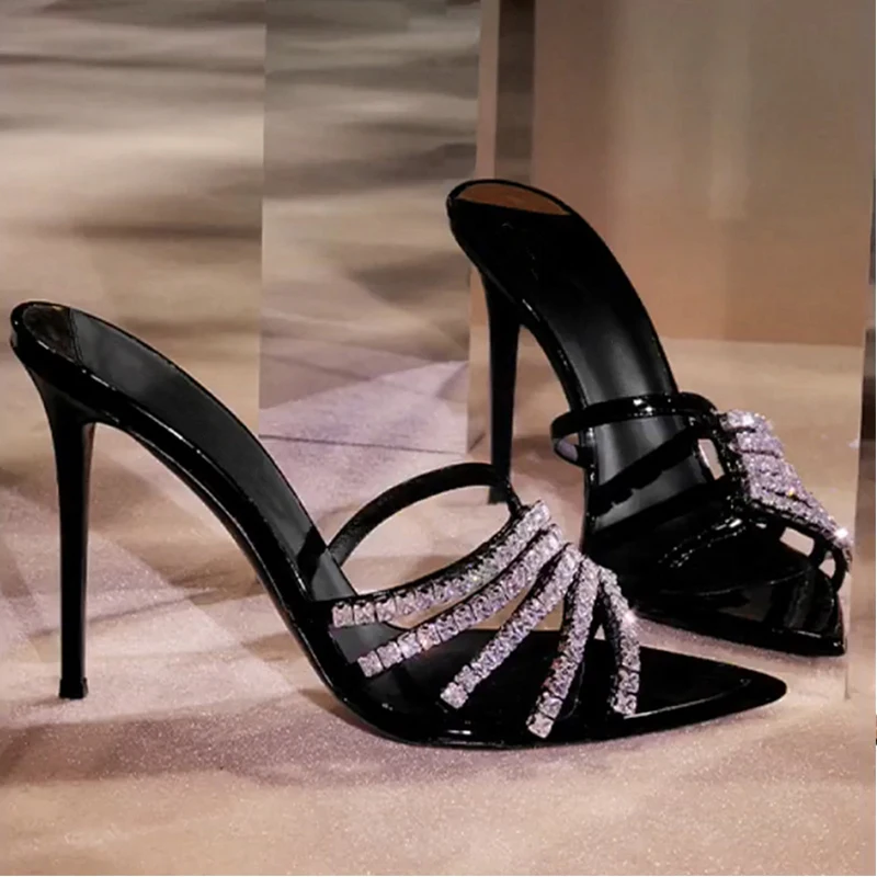 

Black Rhinestone Pointed Open Toe Slippers Woman Summer 2023 Apricot Hollow Out Stiletto Fashion Sandals Fashion Shoes for Women