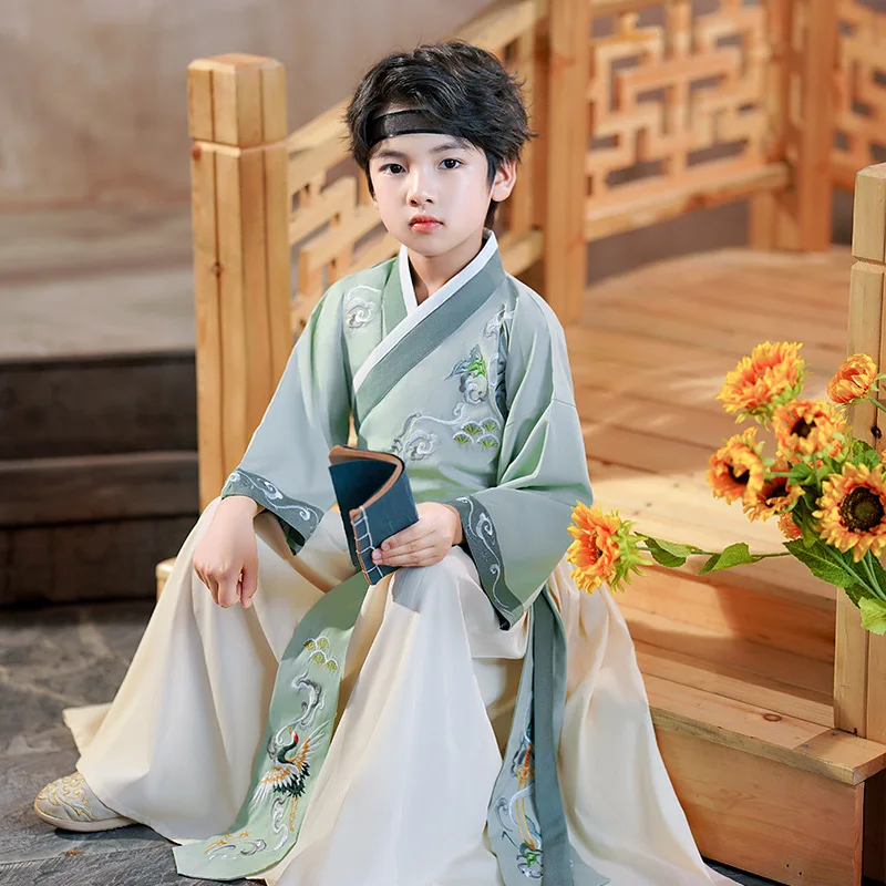 

Embroidery Chinese Style Traditional Clothes Party Performance Stage Wear Autumn Boys Ancient Costume Green Hanfu Tang Suit