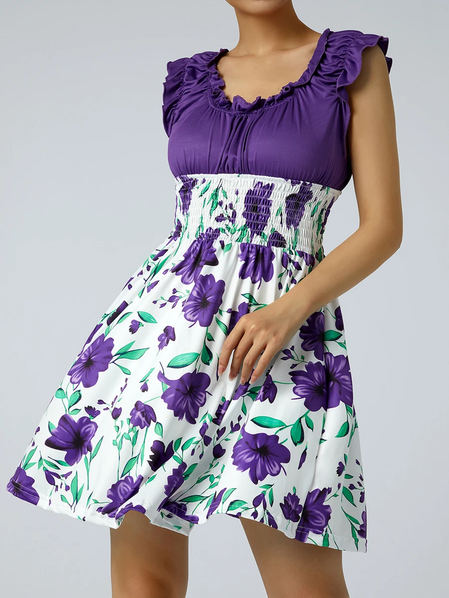 

Женское мини-платье с квадратным вырезом и цветочным принтом, без рукавов