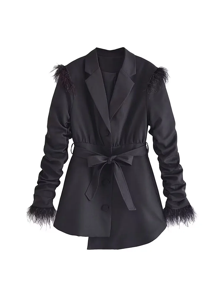 

PB&ZA Women 2022 New Fashion Feather decoration With belt fold Asymmetry Blazer Coat Vintage Long Sleeve Female Outerwear Chic