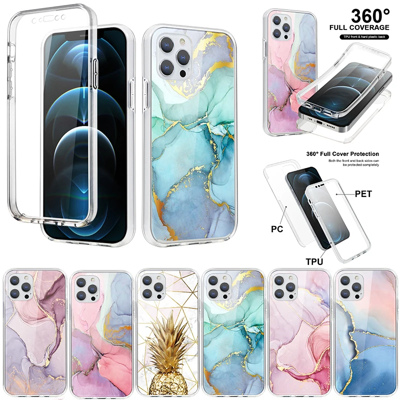 

360 Full Body Phone Cover for IPhone X XS XR 13 11 12 Pro Max Mini SE 2020 7 8 6 6S Plus 5 5S SE Soft Hard Clear Marble Case Bag