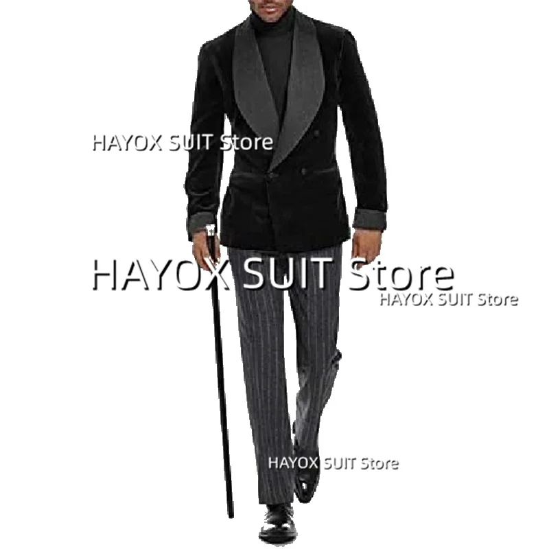 Men's Suits 2 Piece Slim Fit Velvet Shawl Collar Double Breasted Jacket Striped Pants Fashion Formal Wedding Groomsman Prom Tuxe