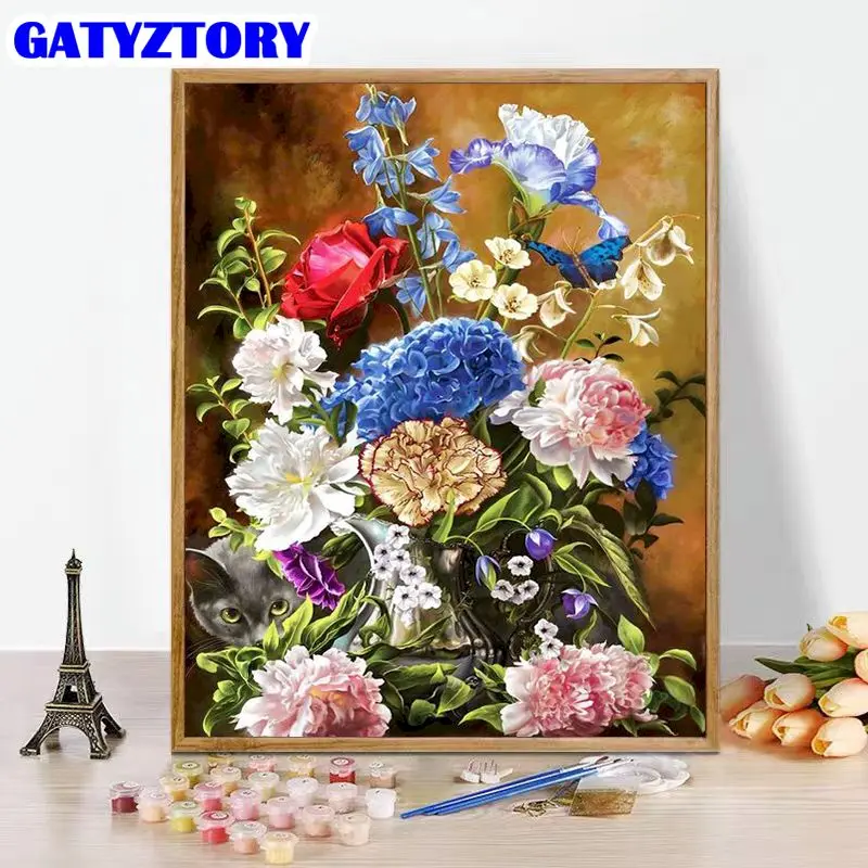 

GATYZTORY Painting By Number Peony Flower Drawing On Canvas Picture By Numbers Cat Animal Wall Art Handpainted Diy Home Decor