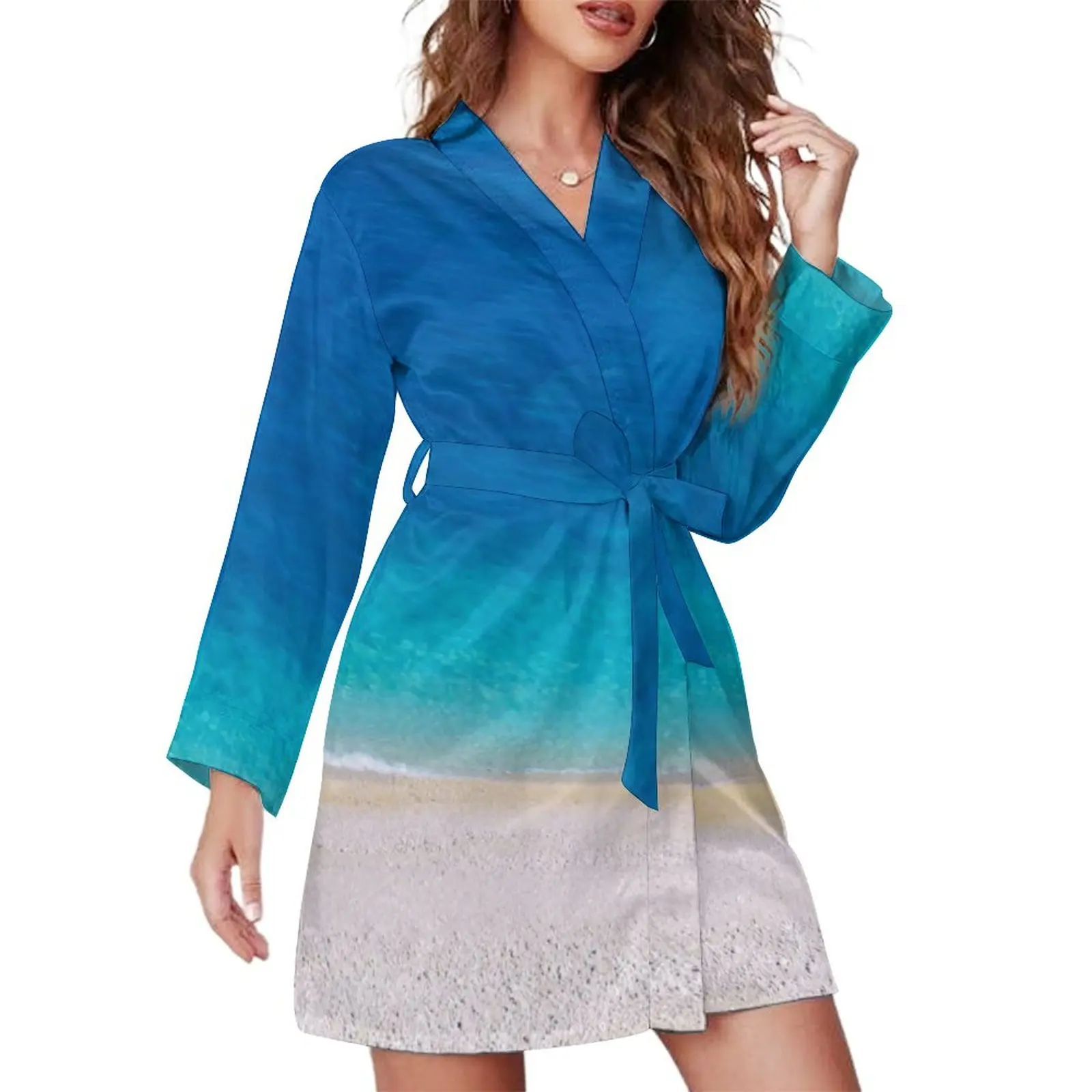 

Mediterranean Beach Pajama Robe Blue Ocean Print Long-Sleeve Casual Loose Pajamas Robes V Neck Lovely Bathrobe Graphic Dress