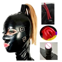 latex hood rubber mask with long nose tube mouth teeth gag plug hair removable eyes and mouth mask fetish bdsm back zipper