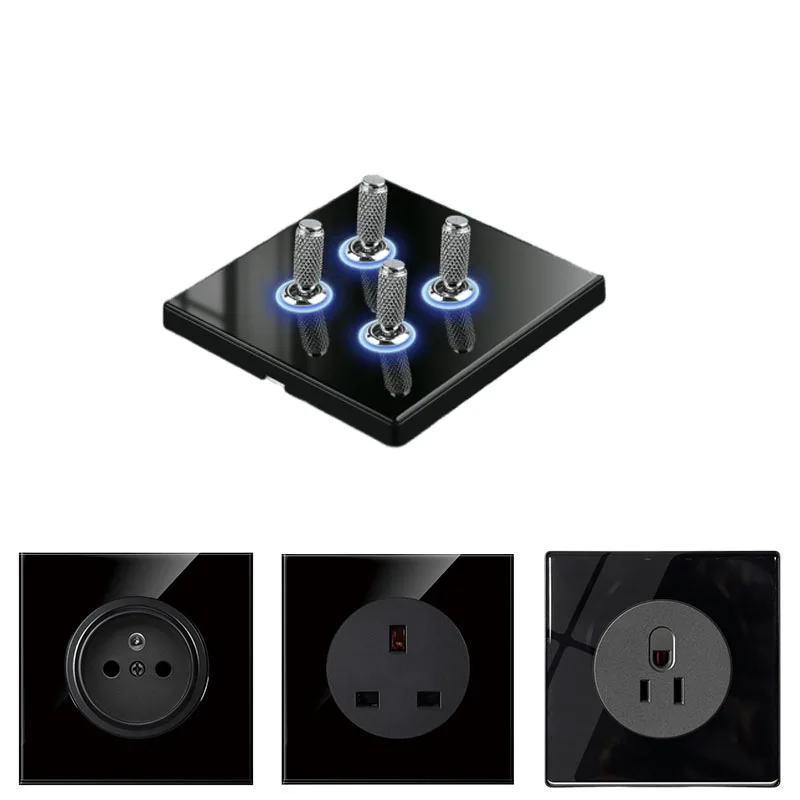 

Universal Black Glass 1/2/3gang1/2way Channel Power Socket Adaptor 86mm*86mm Metal Lever Switch High-power Socket